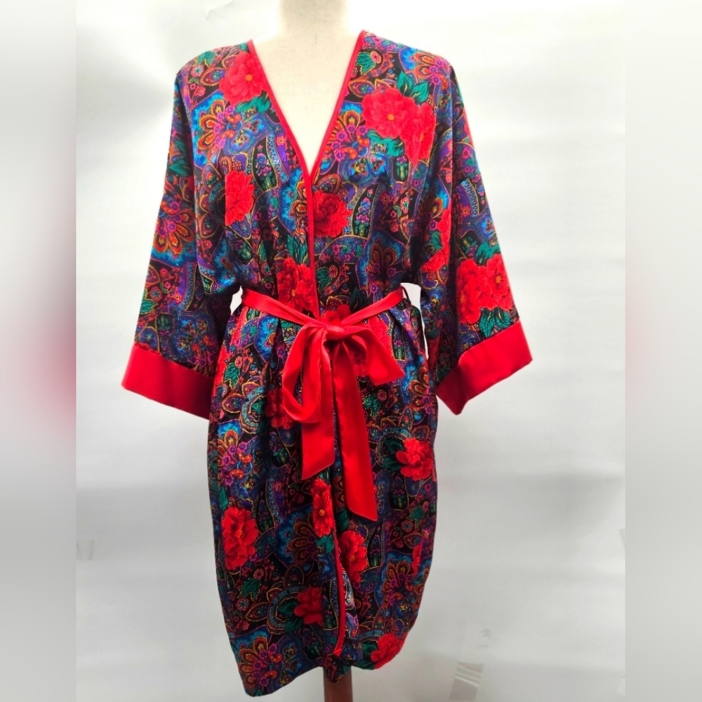 Floral Satin Robe with Red Trim and Tie Belt